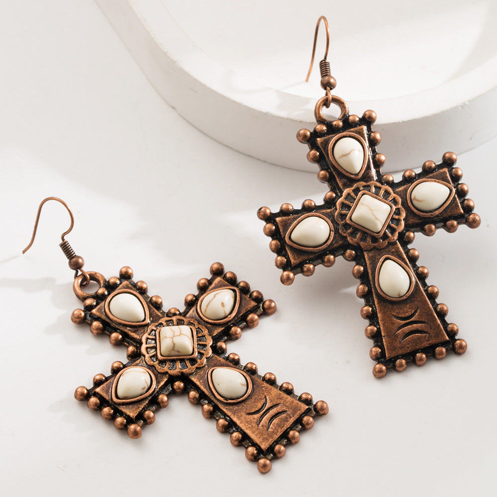 Wholesale Retro turquoise teardrop cross exaggerated earrings